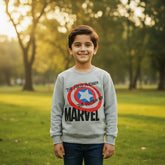 A gray sweatshirt with a round neck, featuring a prominent red and black 'MARVEL' and 'The First Avenger' text design on the front.