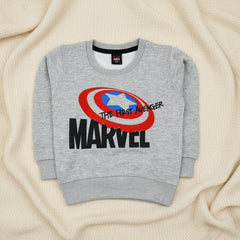 Gray sweatshirt with Marvel logo.