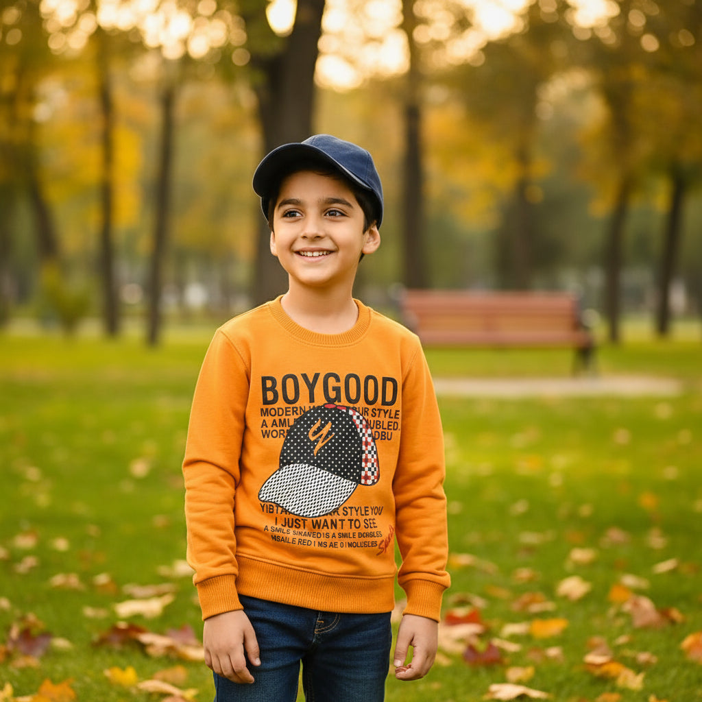 A yellow sweatshirt with text and graphic on the front, round neckline, and full sleeves.