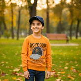 A yellow sweatshirt with text and graphic on the front, round neckline, and full sleeves.