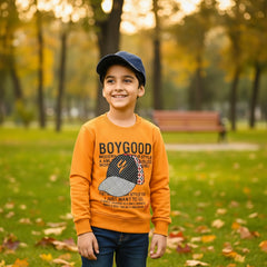 A yellow sweatshirt with text and graphic on the front, round neckline, and full sleeves.