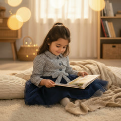 A long sleeved baby frock with front buttons, collar, and belted waist, featuring a geometric pattern in peach and gold colors on a navy mesh