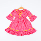 PINK PEARL SELF PRINTED BELL SLEEVES FRILLED NECK LACE EMBELLISHED FROCK