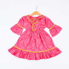 PINK PEARL SELF PRINTED BELL SLEEVES FRILLED NECK LACE EMBELLISHED FROCK