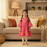 Pink Pearl Self Printed Bell Sleeves Frilled Neck Lace Embellished Frock