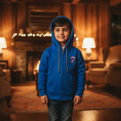 Blue hooded sweatshirt with a front zipper and a number '7' logo on the chest.