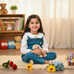 Blue overalls with a white blouse