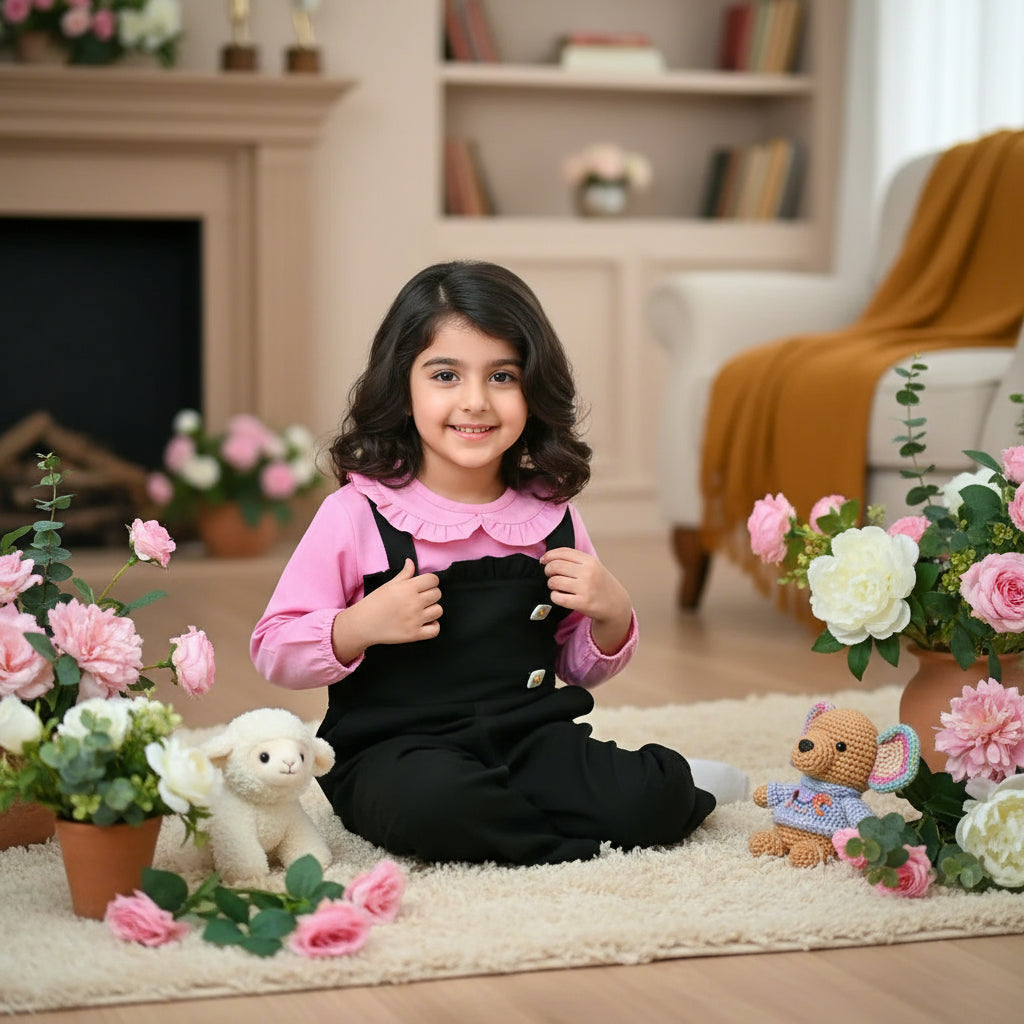 Black overalls with pink shirt.