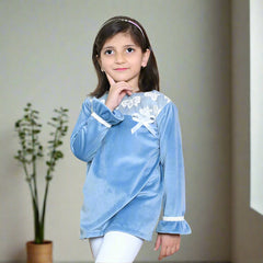 Butterfly Mesh Decor Girls Velvet Top