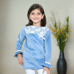 Butterfly Mesh Decor Girls Velvet Top