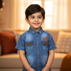 Denim Dotted Pattern Half Sleeves Boys Cotton Shirt