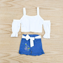 Cold Shoulder Flounce Sleeves Top Embroidered Denim Shorts 2 Piece Baby Girl Dress