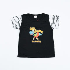Boys' half sleeves black t-shirt with 'COOL SKATER New York City' text and graphic on the front.