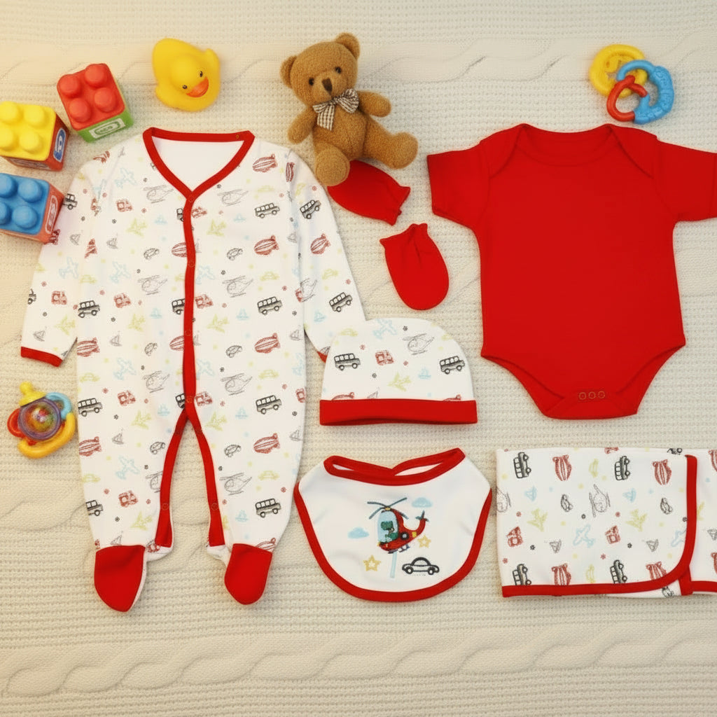 A 7-piece baby boy starter set including a round neck half sleeves body suit, a full sleeves closed feet romper, a wrapping sheet, a bib, a cap, and mittens, all with transportation-related prints.