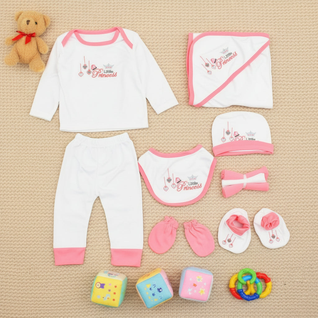 A 10-piece starter set for newborn baby girls, including a white round neck shirt with embroidery, full pajamas, a hooded wrapping sheet, a bib, a cap, face towels, and pink mittens.