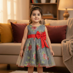 Sleeveless printed organza knee length frock with a front bow and round neck, featuring a floral pattern with red accents.