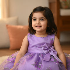 Sleeveless Printed Organza Knee Length Front Bow Pageant Frock