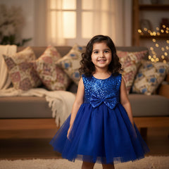 Young girl in a blue sequined dress standing in a cozy living room.