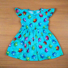 Leafy Floral Print Butterfly Sleeves Girl Summer Frock