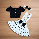 Off Shoulder Top Polka Dots Suspender Skirt Headband 3 Piece Girl Summer Dress