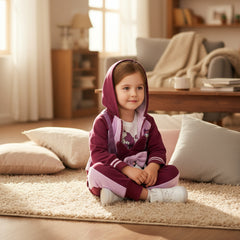 Four-piece hooded winter dress for babies, including a hooded pull-over, pants, an inner shirt, and a carrying bag with a pearls strap.