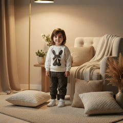 A baby girl's winter dress with a white top featuring a bunny face design and brown patterned pants.