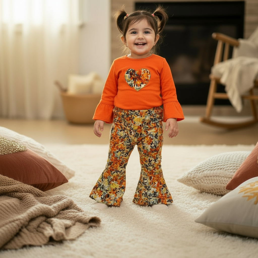 Child wearing an orange sweater with a floral heart design and colorful pants