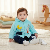 A baby boy toddler winter dress set with a hooded shirt featuring bear and moon graphics and contrast pants with a bear design