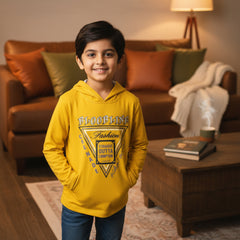 A yellow hooded sweatshirt with text design on the front, featuring a hood.