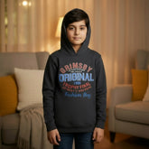 A gray hooded sweatshirt with 'GRIMSBY ORIGINAL' and 'FASHION BOY' text printed on the front, along with a logo and the year '1995'.