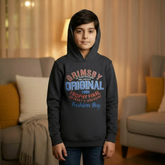 A gray hooded sweatshirt with 'GRIMSBY ORIGINAL' and 'FASHION BOY' text printed on the front, along with a logo and the year '1995'.