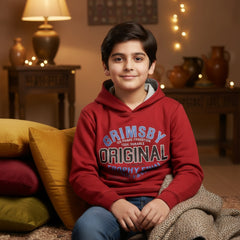 A red hooded sweatshirt with 'GRIMSBY ORIGINAL' printed on the front in blue and red text, with a visible brand logo 'FASHION BAY' on the lower left side.