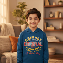 Blue hooded sweatshirt with 'GRIPSBY ORIGINAL FASHION BOY 1995 TROPHY FINAL' printed on the front.