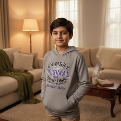 Gray hoodie with 'Grimsby Original' text on a light gray background