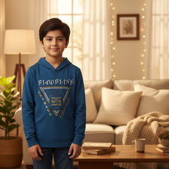 A blue hooded sweatshirt with 'Bloodline' text and graphics in orange and yellow on the front.