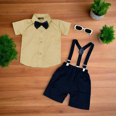 Baby Boy Toddler Boy Shirt Bowtie Shirt Contrast Short & Suspender Shorts Set – Stylish Outfit for Special Occasions