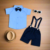 Baby Boy Toddler Boy Shirt Bowtie Shirt Contrast Short & Suspender Shorts Set – Stylish Outfit for Special Occasions