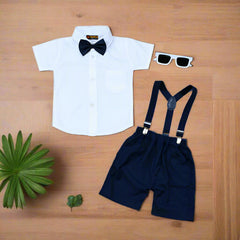 Baby Boy Toddler Boy Shirt Bowtie Shirt Contrast Short & Suspender Shorts Set – Stylish Outfit for Special Occasions