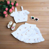 Embroidered Dear Pattern Off-Shoulder Top & Double Frill Skirt Set – Perfect Summer Outfit for Girls