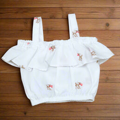 Embroidered Dear Pattern Off-Shoulder Top & Double Frill Skirt Set – Perfect Summer Outfit for Girls