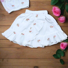 Embroidered Dear Pattern Off-Shoulder Top & Double Frill Skirt Set – Perfect Summer Outfit for Girls