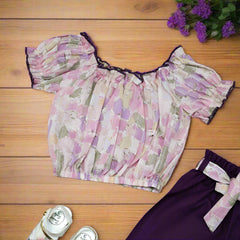 Floral Print Off-Shoulder Top with Elasticated Sleeves & Contrast Belted Pants Set - Perfect for Summer