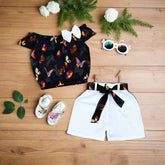 Vibrant Butterfly Print Off Shoulder Top & Belted Shorts Set – Perfect for Summer Outings