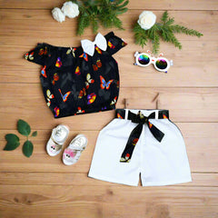 Vibrant Butterfly Print Off Shoulder Top & Belted Shorts Set – Perfect for Summer Outings