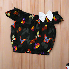 Vibrant Butterfly Print Off Shoulder Top & Belted Shorts Set – Perfect for Summer Outings
