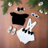 Baby Toddler Girls 3 Piece Set with Off-Shoulder Top, Suspender Shorts & Bow Headband Set – Stylish Summer Outfit for Baby Girls