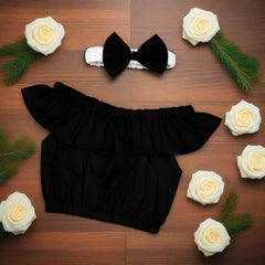 Baby Toddler Girls 3 Piece Set with Off-Shoulder Top, Suspender Shorts & Bow Headband Set – Stylish Summer Outfit for Baby Girls