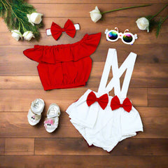 Baby Toddler Girls 3 Piece Set with Off-Shoulder Top, Suspender Shorts & Bow Headband Set – Stylish Summer Outfit for Baby Girls