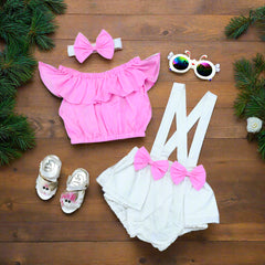 Baby Toddler Girls 3 Piece Set with Off-Shoulder Top, Suspender Shorts & Bow Headband Set – Stylish Summer Outfit for Baby Girls