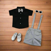 Baby Boy Toddler Boy Contrast Colors Bowtie Shirt Shorts & Suspender Set – Stylish Outfit for Special Occasions